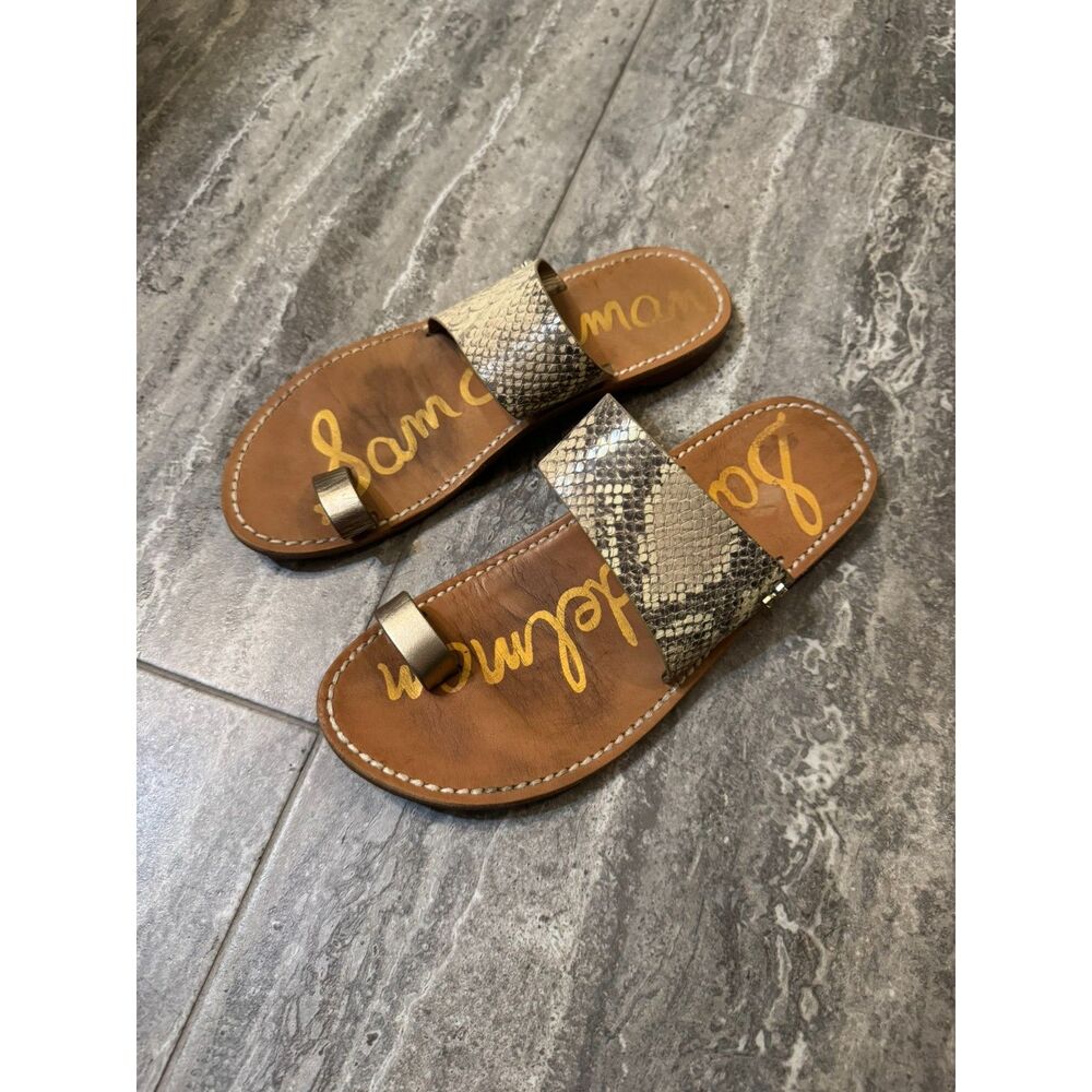 Sam Edelman Maxy Wheat Multi Slip On Snake Embossed Toe Ring Leather Sandals 6.5